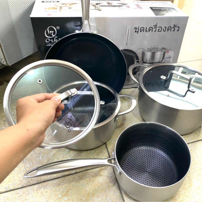 Bộ nồi chảo Inox 304 chống dính Blackcube Orkin Thái Lan OR06 thân đúc đáy liền - Hàng chính hãng