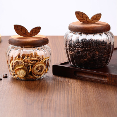 Lọ thủy tinh tròn nắp gỗ ron kín dung tích 700ml decor bếp