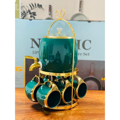 BỘ BÌNH ĐỰNG NƯỚC UỐNG, TIỆC TRÀ TRÁI CÂY SỨ CAO CẤP KHUNG  KIM LOIAJ MẠ VÀNG KÈM 6 CỐC SANG TRỌNG XANH CỔ VỊT