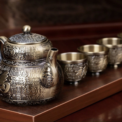 BỘ ẤM CHÉN TRÀ BẰNG ĐỒNG GIẢ CỔ HỌA TIẾT RỒNG - VD95