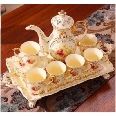 BỘ ẤM CHÉN SỨ HOA MẪU ĐƠN CAO PHONG CÁCH HOÀNG GIA KÈM KHAY VIỀN VÀNG CAO CẤP