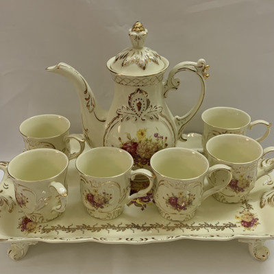 Bộ bình trà sứ phong cách hoàng gia cổ điển màu trắng ngà họa tiết hoa cúc - ANTH603