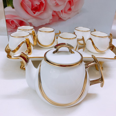 BỘ ẤM CHÉN TRẮNG VIỀN VÀNG KÈM KHAY SỨ TRẮNG - ANTH245 ( GIAO NGẪU NHIÊN )