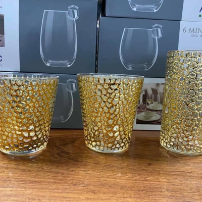 BỘ 6 CỐC THỦY TINH UỐNG  NƯỚC  MẠ VÀNG VÂN DẬP NỔI - VD40