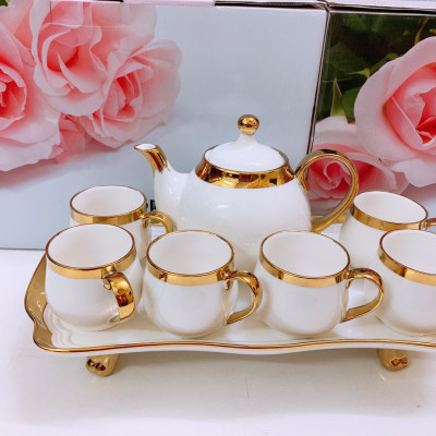 BỘ ẤM CHÉN TRẮNG VIỀN VÀNG KÈM KHAY SỨ TRẮNG - ANTH245 ( GIAO NGẪU NHIÊN )