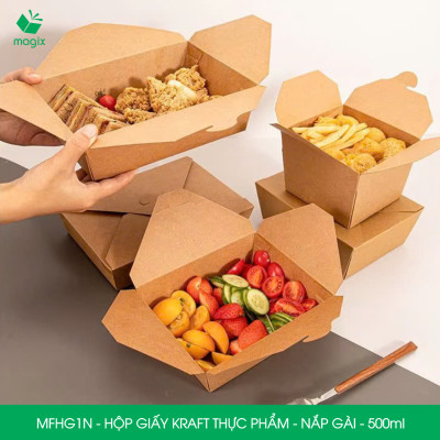 MFHG1N - 25 hộp giấy kraft thực phẩm 500ml, hộp giấy nắp gập màu nâu đựng thức ăn, hộp giấy nắp gài gói đồ ăn mang đi 