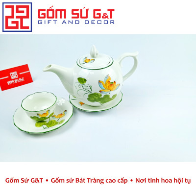 Bộ trà chóp lửa men kem vẽ sen vàng Gốm Sứ G&T