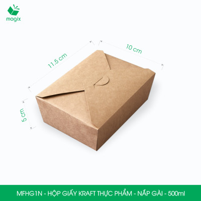 MFHG1N - 25 hộp giấy kraft thực phẩm 500ml, hộp giấy nắp gập màu nâu đựng thức ăn, hộp giấy nắp gài gói đồ ăn mang đi 
