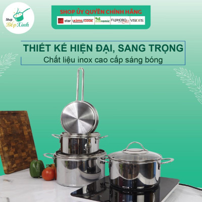Bộ nồi chảo chống dính sâu lòng tổ ong 3 lớp đáy liền inox 304 Fivestar Plus quai oval nắp kính , tặng 1 sạn inox