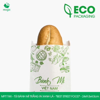 MFT1T4X - 24x9.5x4.5 cm - 200 Túi bánh mì Trắng, in sẵn họa tiết BEST STREET FOOD - Bao bánh mì Túi giấy thực phẩm an toàn