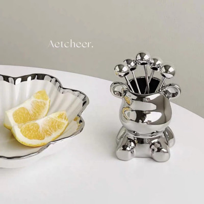 Bộ 6 Nĩa Ăn Trái Cây Bằng Thép Không Gỉ Kèm Hộp Đựng Hình Gấu Bearick Bằng Gốm Cao Cấp Sang Trọng - HÀNG CHÍNH HÃNG MINIIN