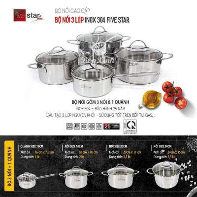 Bộ nồi chảo chống dính tổ ong sâu lòng 3 lớp đáy liền inox 304 Fivestar Plus 5 món quai oval nắp kính , tặng 1 vá canh