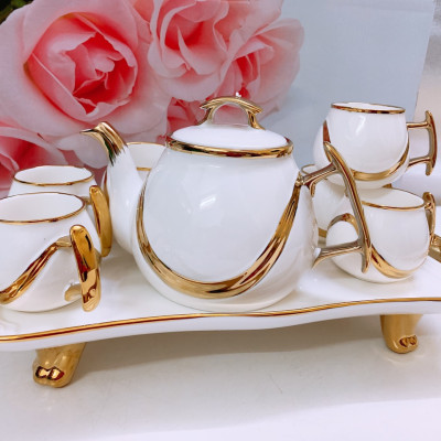 BỘ ẤM CHÉN TRẮNG VIỀN VÀNG KÈM KHAY SỨ TRẮNG - ANTH245 ( GIAO NGẪU NHIÊN )