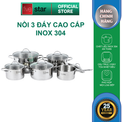 Bộ nồi chảo chống dính cao cấp Fivestar 6 món 3 đáy từ nắp kính ( tặng bộ sạn dừa 4 món )