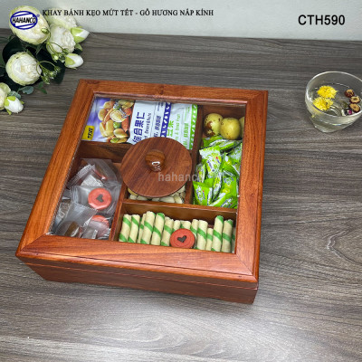 Khay Bánh Kẹo Mứt Tết Gỗ Hương Nắp Kính Vuông Trong Suốt Thiết Kế Trang Trọng - CTH590