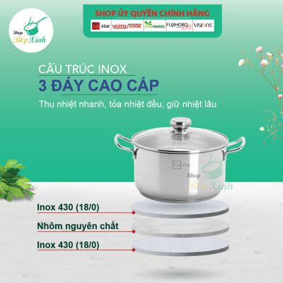 Bộ nồi inox Fivestar 4 chiếc nắp kính 3 đáy, inox 430 ( tặng 2 vá canh ), dùng được bếp từ , gas, hồng ngoại