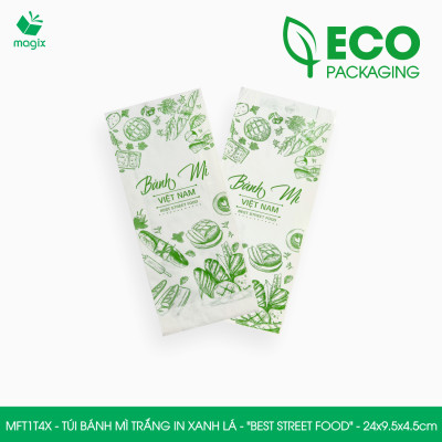 MFT1T4X - 24x9.5x4.5 cm - 100 Túi bánh mì Trắng, in sẵn họa tiết BEST STREET FOOD - Bao bánh mì Túi giấy thực phẩm an toàn