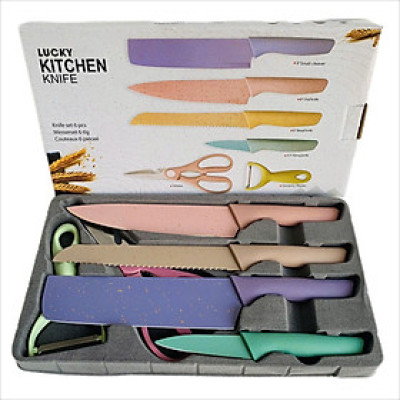 Bộ Dao Kéo Nhà Bếp Lúa Mạch 6 Món Kháng khuẩn Cao Cấp Fullbox, Lưỡi Thép Chống Gỉ Kitchen - Hàng Chính Hãng 