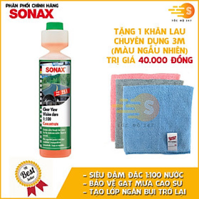 Nước rửa kính lái đậm đặc tỉ lệ 1:100 Sonax 371141 250ml - tặng 1 khăn 3M màu ngẫu nhiên - Làm sạch vết bẩn, ngăn chặn côn trùng, đổ vào két nước trước, pha để tẩy mốc kính