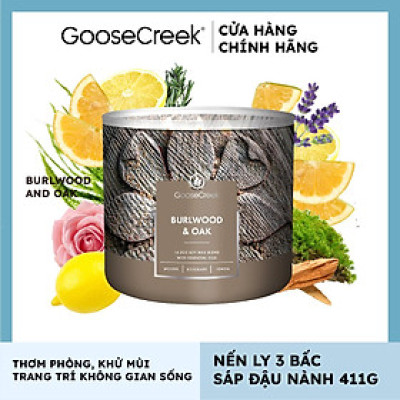 Nến ly 3 bấc sáp đậu nành Goose Creek (411g) - Burlwood & Oak