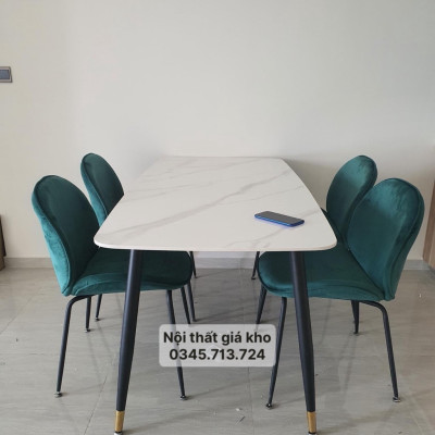 Bộ bàn ăn mặt đá cẩm thạch nhân tạo kết hợp ghế Gubi chân sơn đen