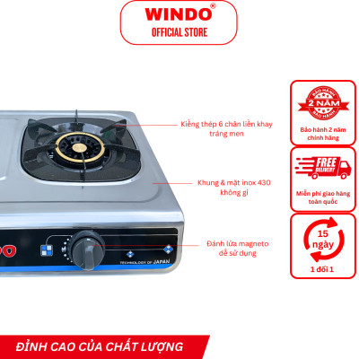 Bếp Gas Đôi Mặt Inox WINDO - 618 PHI 100 - Lửa lớn, điếu gang, có đầu hâm tiết kiệm gas- Hàng Chính Hãng