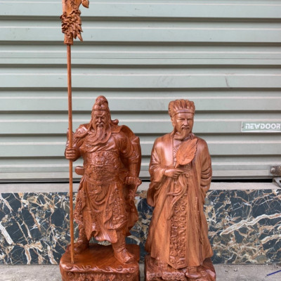 Cặp đôi văn võ song toàn tượng khổng minh gia cát lượng và quan công bằng gỗ hương kt 40×14×13cm