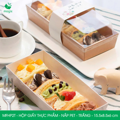 MFHP2T - 15.5x8.5x6 cm - 100 hộp giấy thực phẩm màu trắng nắp Pet, hộp giấy chữ nhật đựng thức ăn, hộp bánh nắp trong