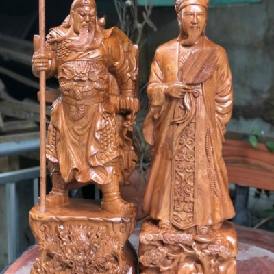 Cặp đôi văn võ song toàn tượng khổng minh gia cát lượng và quan công bằng gỗ hương kt 40×14×13cm