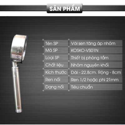 Vòi sen tăng áp Kosko không dùng điện, nhôm nguyên khối, công nghệ tia nước nano mềm dịu làn da