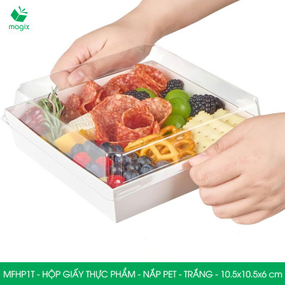 MFHP1T - 10.5x10.5x6 cm - 25 hộp giấy thực phẩm màu trắng nắp Pet, hộp giấy vuông đựng thức ăn, hộp bánh nắp trong
