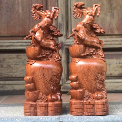 Tượng con ngựa song mã uyên ương bằng gỗ hương đá kt cao 50×22×15cm