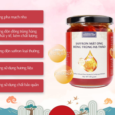 Saffron mật ong đông trùng hạ thảo Kingdom Herb chính hãng thượng hạng hộp 312g (tặng bình thuỷ tinh và cây lấy mật)