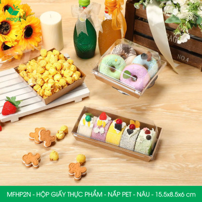 MFHP2N - 15.5x8.5x6 cm - 100 hộp giấy kraft thực phẩm màu nâu nắp Pet, hộp giấy chữ nhật đựng thức ăn, hộp bánh nắp trong