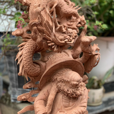 Tượng đạt ma sư tổ hàng long ,phục nghê ,bằng gỗ hương đá liền khối kt cao 1m20×39×19cm
