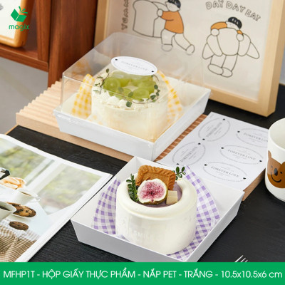 MFHP1T - 10.5x10.5x6 cm - 100 hộp giấy thực phẩm màu trắng nắp Pet, hộp giấy vuông đựng thức ăn, hộp bánh nắp trong