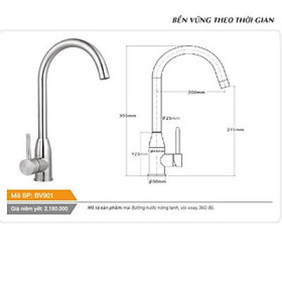 Vòi cố định cổ hình bầu dục xoay 360 độ nóng lạnh inox Tundo Boss BV901 395*50*275 mm