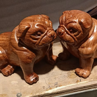 Cặp tượng cún chó con bằng gỗ hương đá kt 15×10×9cm