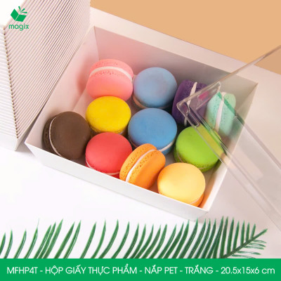 MFHP4T - 20.5x15x6 cm -50 hộp giấy thực phẩm màu trắng nắp Pet, hộp giấy chữ nhật đựng thức ăn, hộp bánh nắp trong