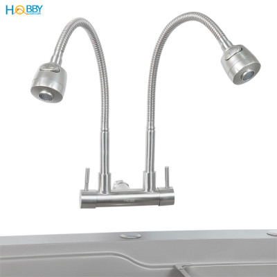 Vòi rửa chén gắn tường 2 đầu xả tăng áp inox 304 Hobby home decor G2T
