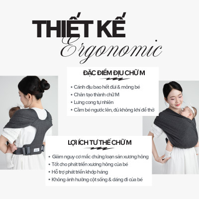 [Thiết Kế Mới - Màu Charcoal] Địu Vải Em Bé Sling Baby Sling Nova/Nova Plus Dễ Địu Êm Vai An Toàn Cho Bé 0–24 Tháng