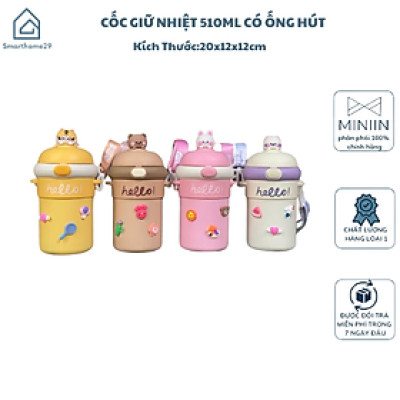 Cốc Giữ Nhiệt Trẻ Em 510ml Có Ống Hút, Cốc Đeo Chéo Hoạt Hình Dễ Thương Cho Bé Gái, Bình Nước Uống Tiện Lợi - HÀNG CHÍNH HÃNG MINIIN