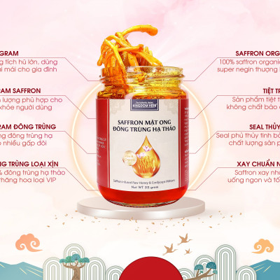 Mật ong saffron đông trùng hạ thảo Kingdom Herb chính hãng thượng hạng hộp 50g (tặng bình thuỷ tinh và cây lấy mật)
