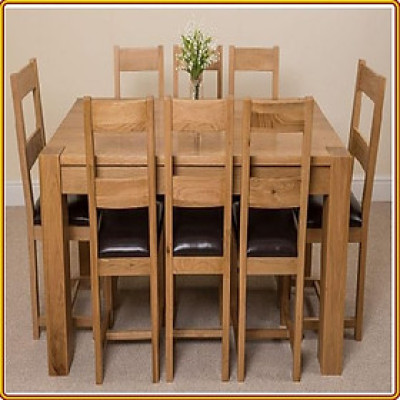 Bộ bàn ghế phòng ăn gỗ sồi Tundo màu vàng tự nhiên 1m8 + 8 ghế mặt nệm 2 nan