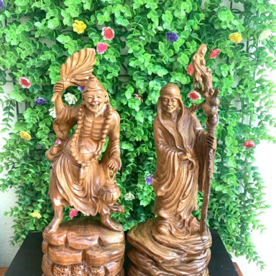 Cặp tượng tế công và tượng trường my bằng gỗ bách xanh thơm phức kt cao 20×8×6cm