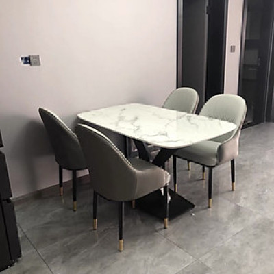 Bộ bàn ăn mặt đá cẩm thạch chân chéo chữ X kết hợp ghế Monet có tay