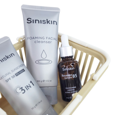 Bộ sản phẩm chăm sóc da Siniskin "Serum phục hồi da Recover B5, Kem Chống Nắng nâng tone tuje nhiên, Sữa Rửa Mặt tạo bọt dịu nhẹ