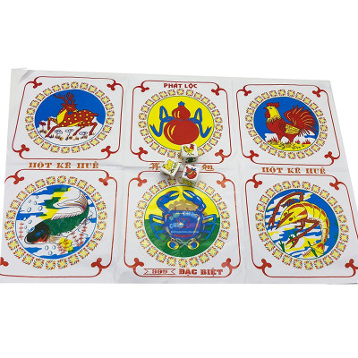 Bộ lắc bầu cua tôm cá hột giấy giải trí vui nhộn hàng Việt Nam gồm bàn giấy 65cm x 43cm và 3 xúc xắc, đồ chơi ngày tết
