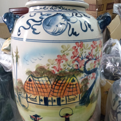 Hũ đựng rượu gạo vẽ phong cảnh Bát Tràng loại 30L (hoa văn ngẫu nhiên)