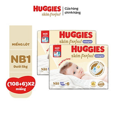 Combo 2 gói Miếng lót sơ sinh Huggies Skin Perfect 2 vùng thấm giảm kích ứng da NB1 64+4/NB1 108+6 miếng